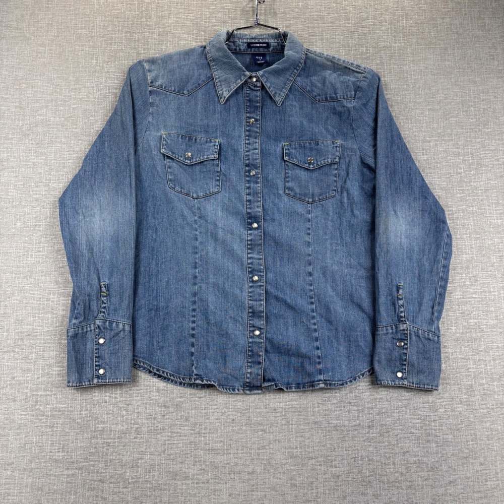 Gap Stretch Mens Medium Wash Denim Pearl Snap Western Shirt M